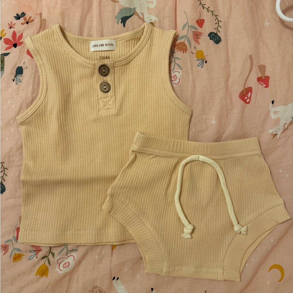 Beige Ribbed Baby Tank and Shorts Set